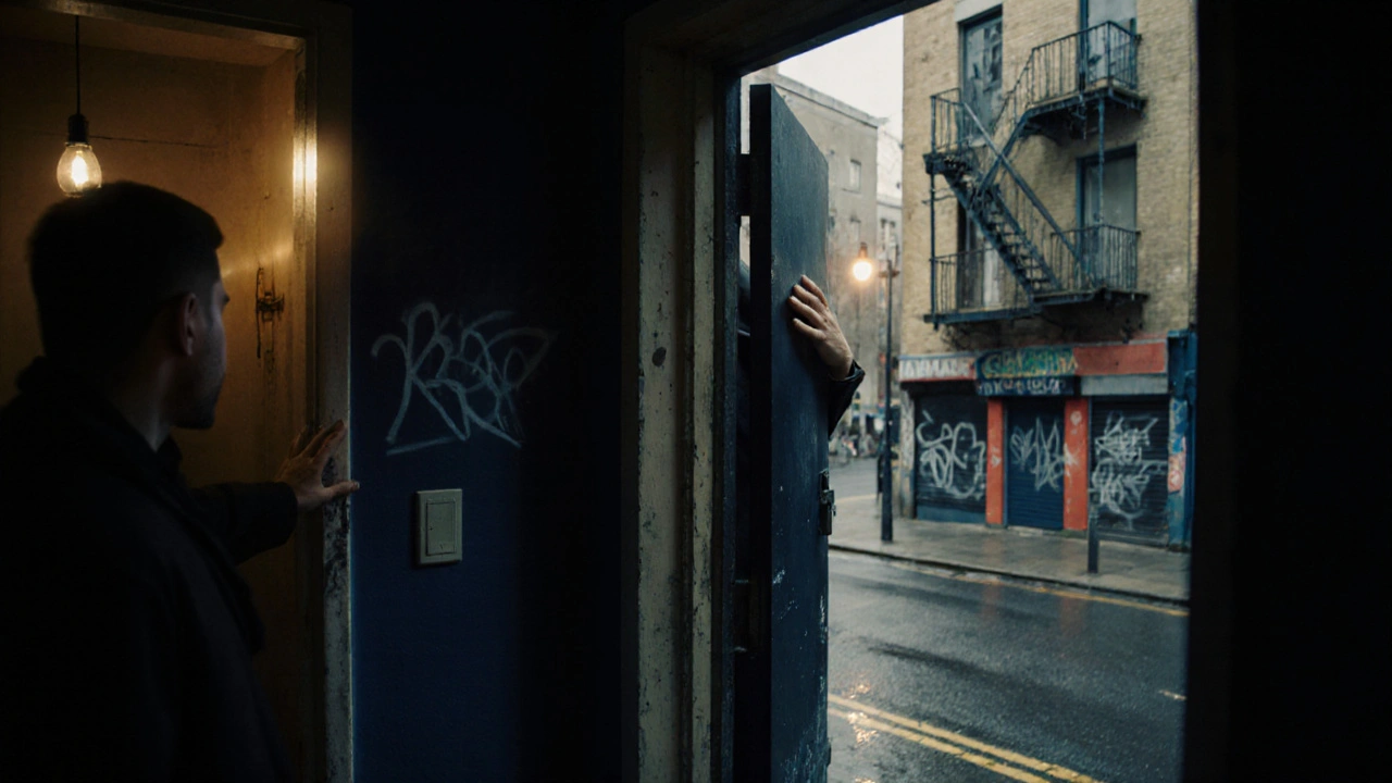 A man knocks on the door of a flat in Bow, dim hallway light, wet pavement outside, urban night setting.