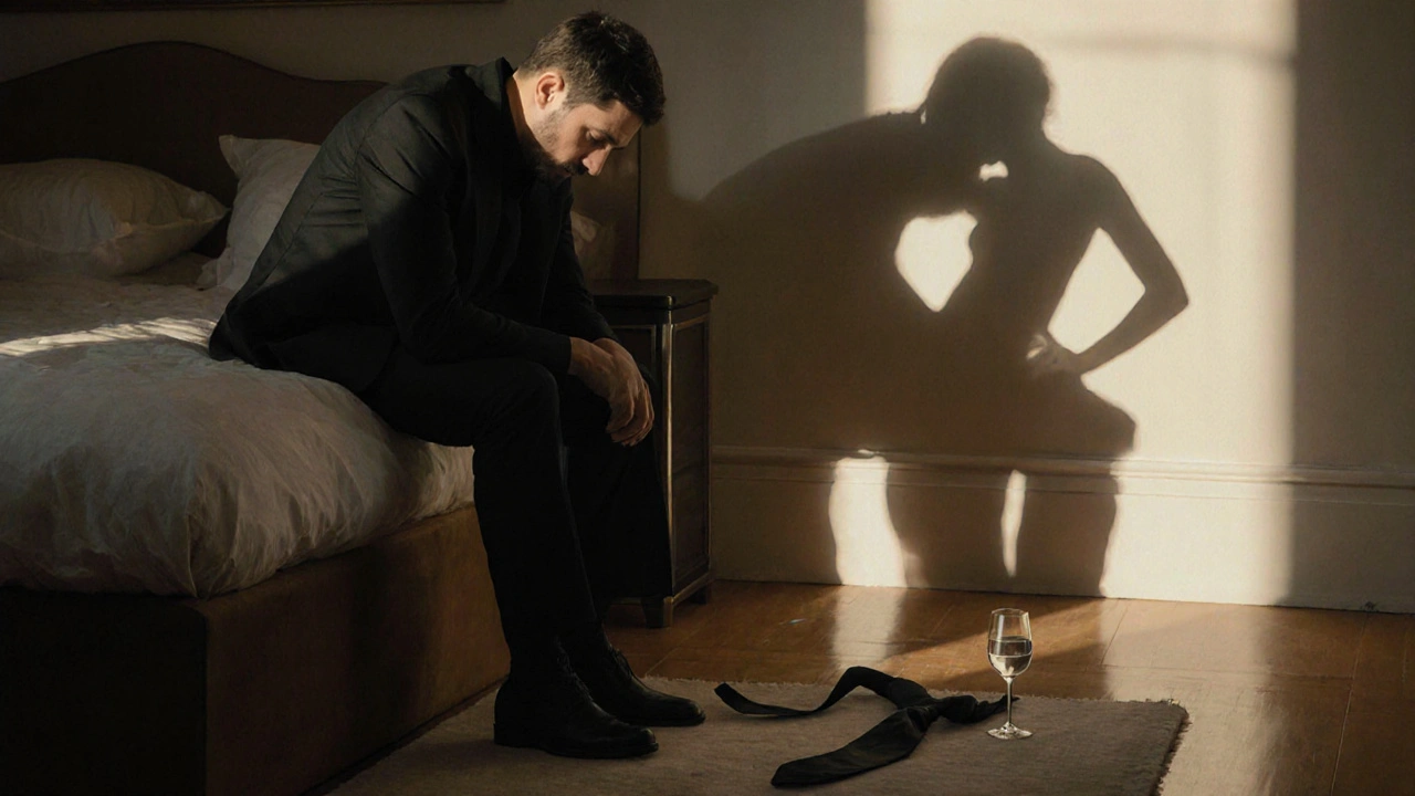 A man sits on a bed in a high-end apartment, a woman’s shadow cast on the wall behind him, conveying intimacy and release.