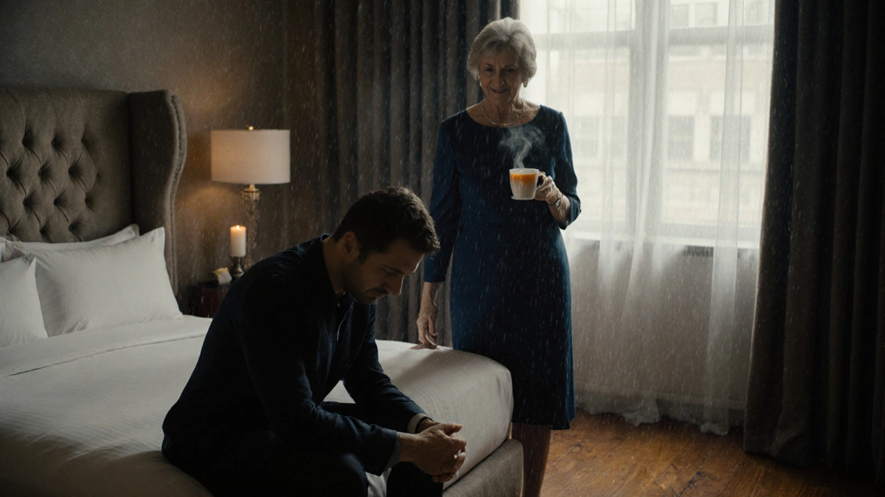 A man sits on a hotel bed as a mature woman gently places a hand on his shoulder, candlelight glowing.