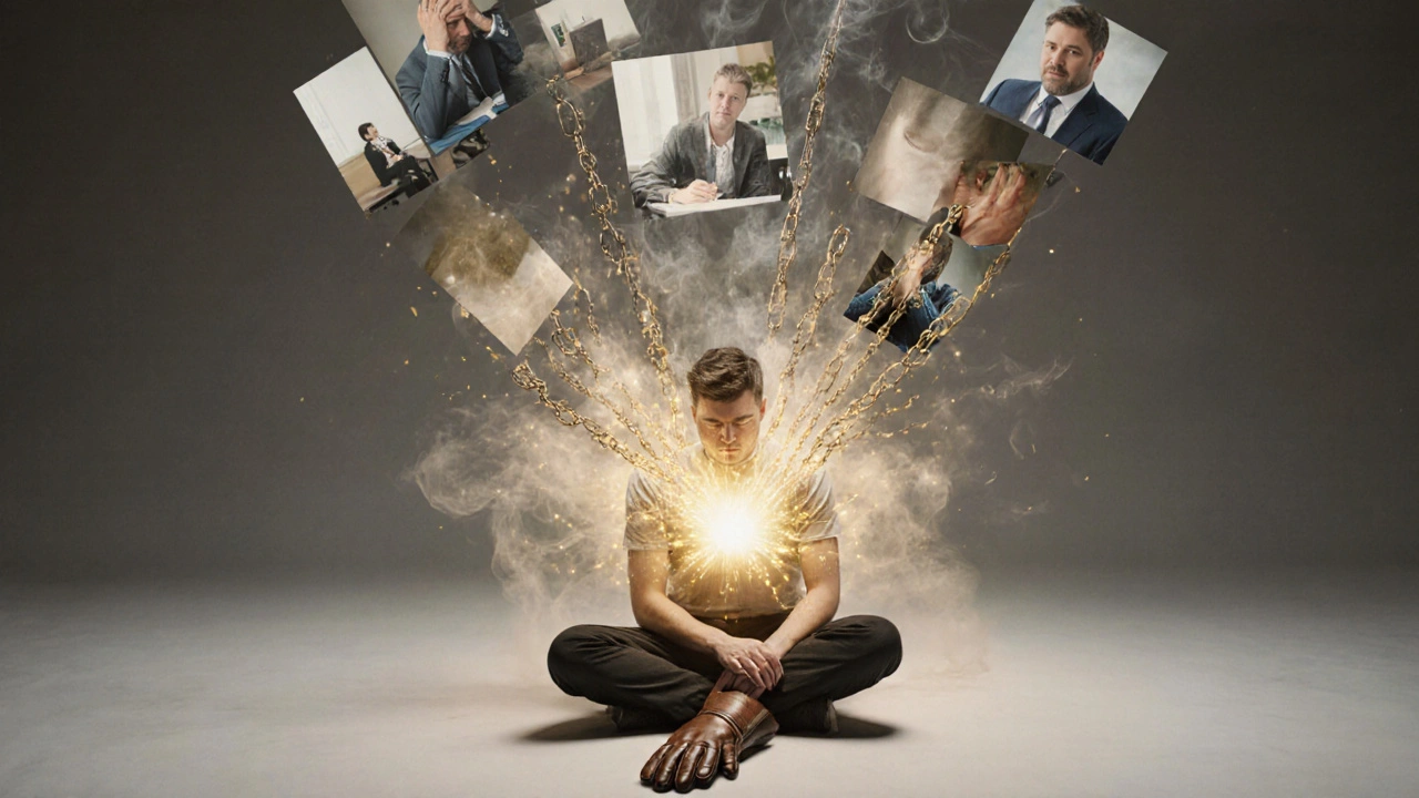 A man sitting alone as golden light radiates from him, dissolving chains turning to smoke around him.