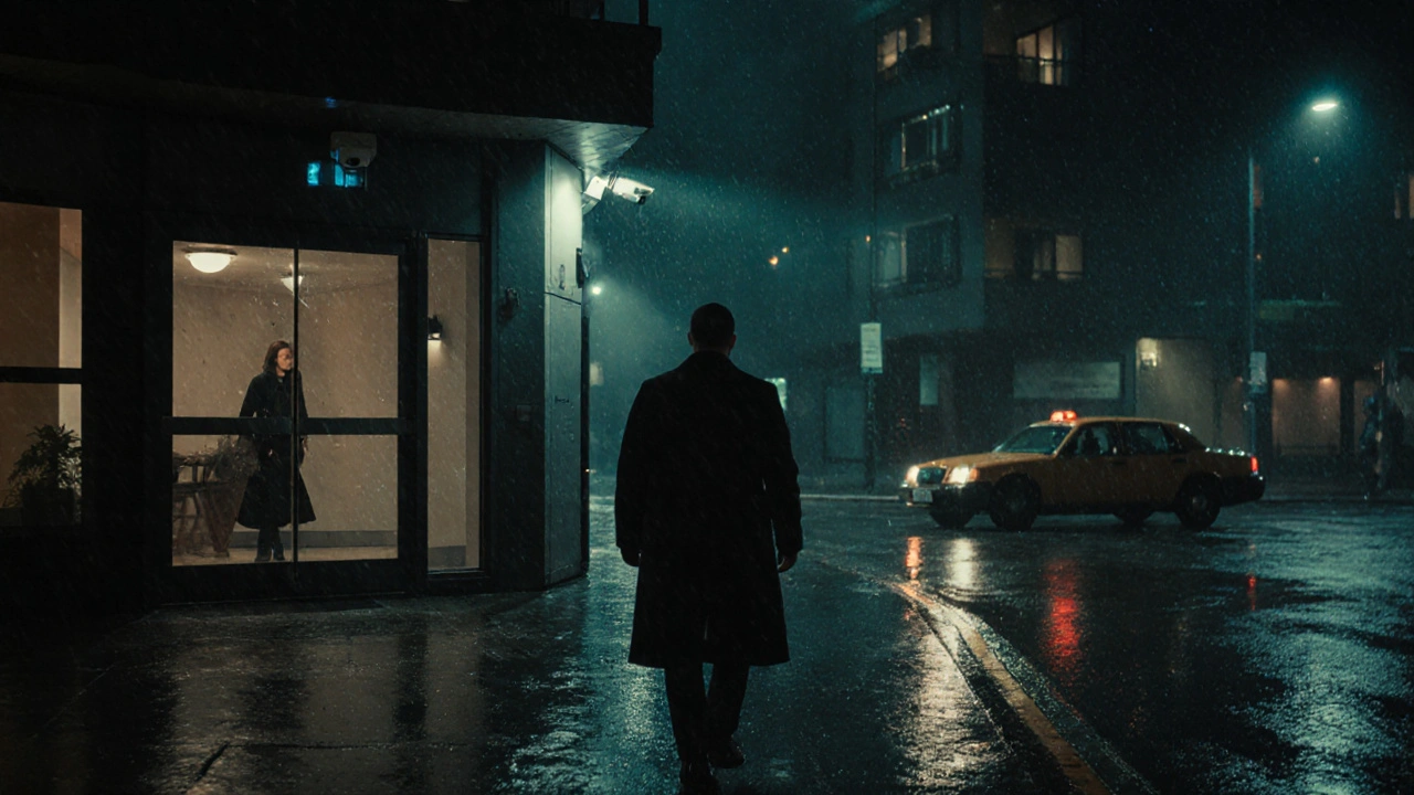 A man walks away from a secure apartment building in East London at night, rain reflecting streetlights, a woman watches from a window above.