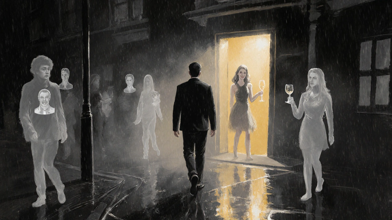 A man walks through a rainy London night as fading relationship ghosts vanish, guided by a warm doorway of quiet connection.
