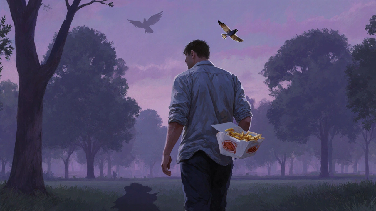 A man walks through Victoria Park at dawn holding fish and chips, a single feather floats nearby.