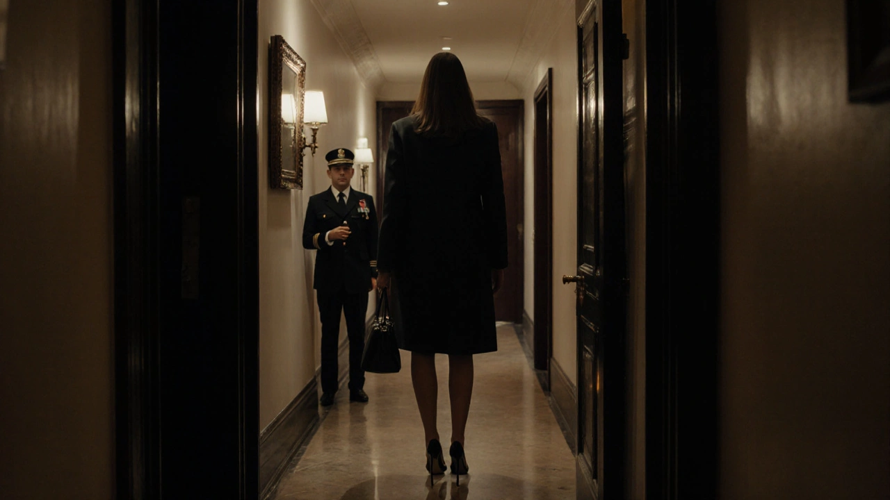 A professional woman walking away down a quiet hotel hallway at night, doorman standing respectfully in the background.
