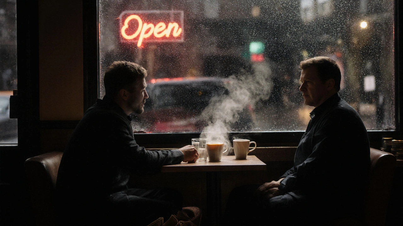 A quiet 5 a.m. coffee shop in Peckham with two exhausted workers sipping tea as morning light enters through rainy windows.