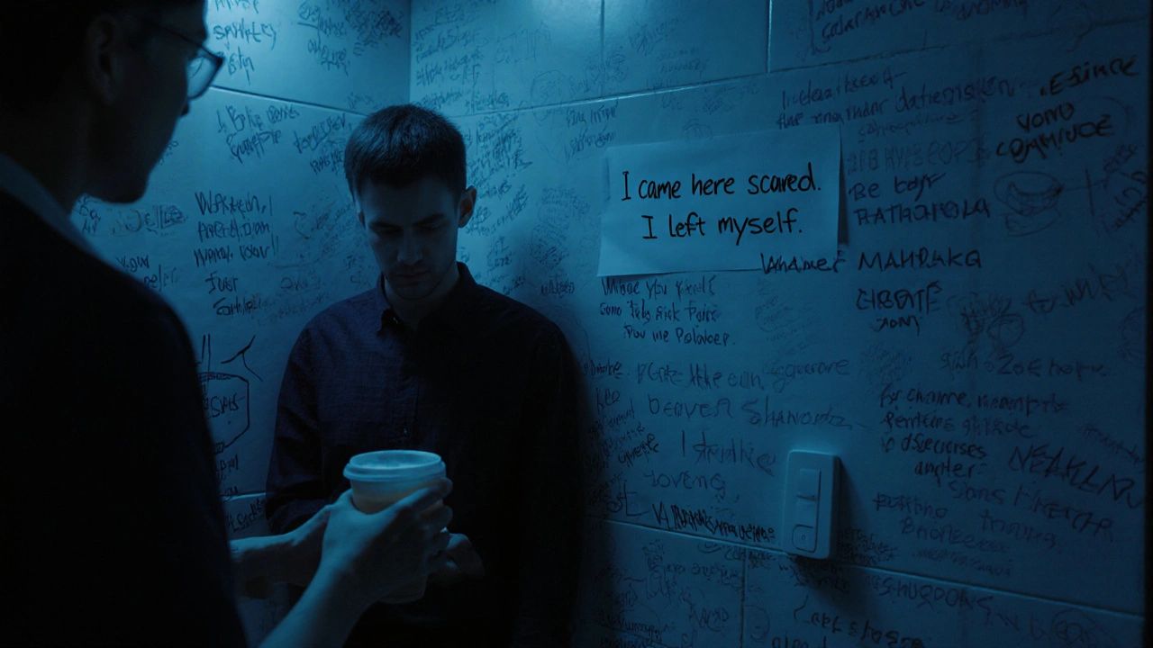 A quiet upstairs room at Heaven with handwritten notes on the wall, staff offering comfort to a patron.