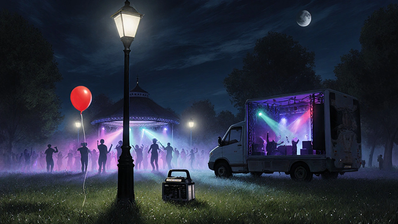 A secret midnight rave on Clapham Common with a red balloon and glowing speakers hidden behind a bandstand.