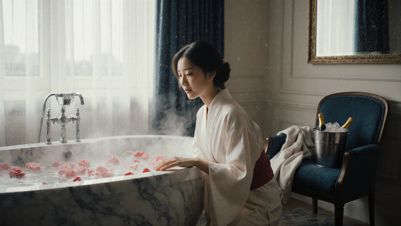 A serene Asian escort beside a rose-petal bathtub in a high-end London penthouse, champagne chilling nearby.