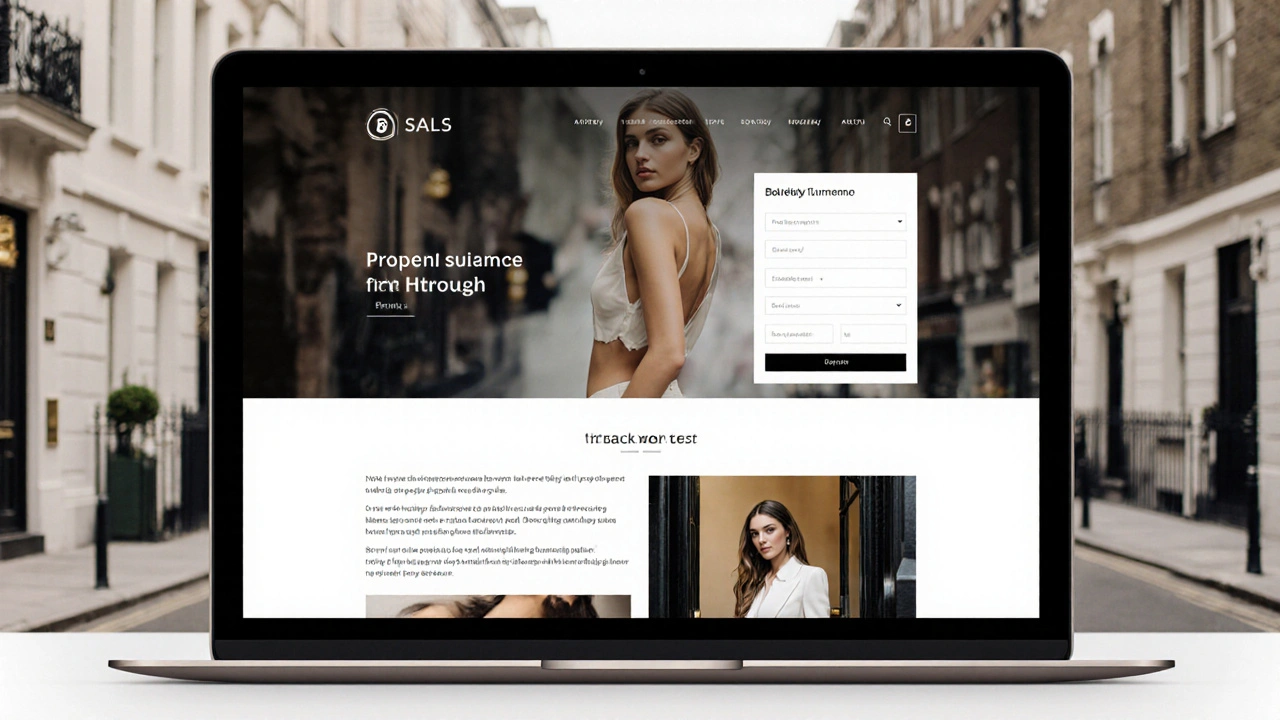 A sleek, professional escort website with natural-light photos and SSL security indicator, set against a blurred London street scene.