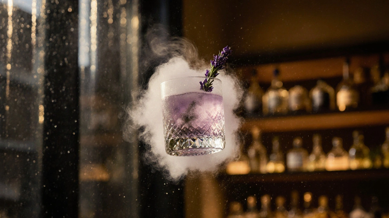 A smoky lavender cocktail with dry ice fog hovering above, surrounded by botanical ingredients in soft dusk light.