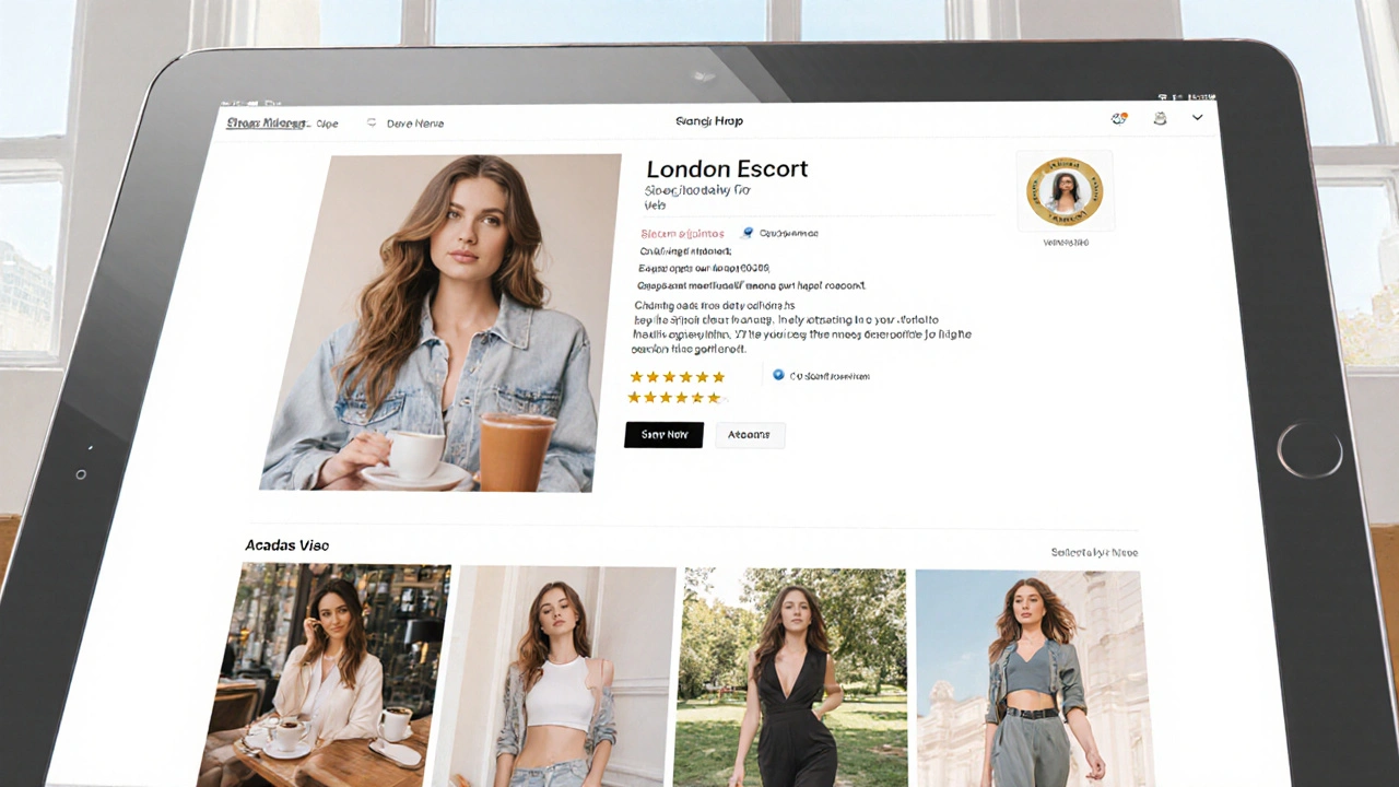 A tablet displaying a verified escort profile with authentic photos and clean design, no text visible.
