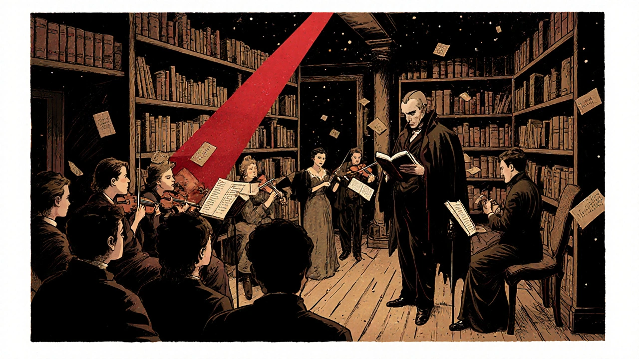 A Victorian-themed book club in a basement where patrons listen to haunting music amid dusty bookshelves and red lighting.