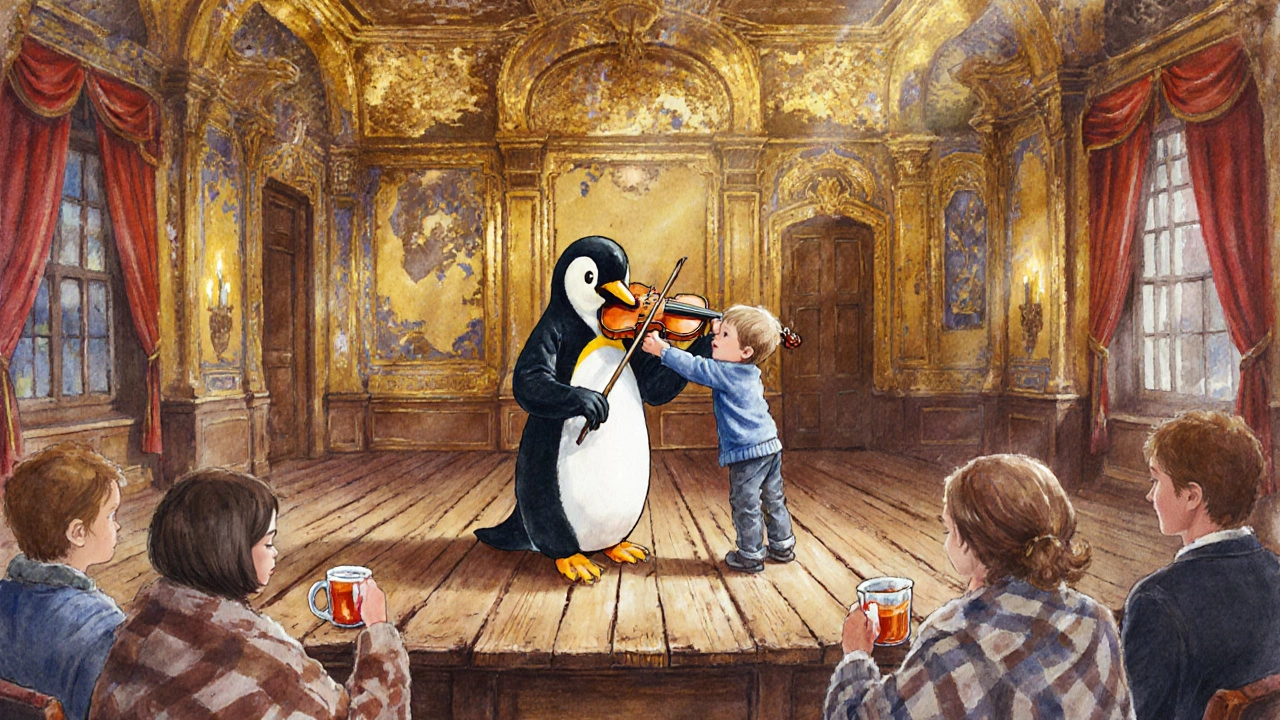 A violinist dressed as a penguin performs at Wilton’s Music Hall while a child reaches out to hug them, vintage Victorian interior.