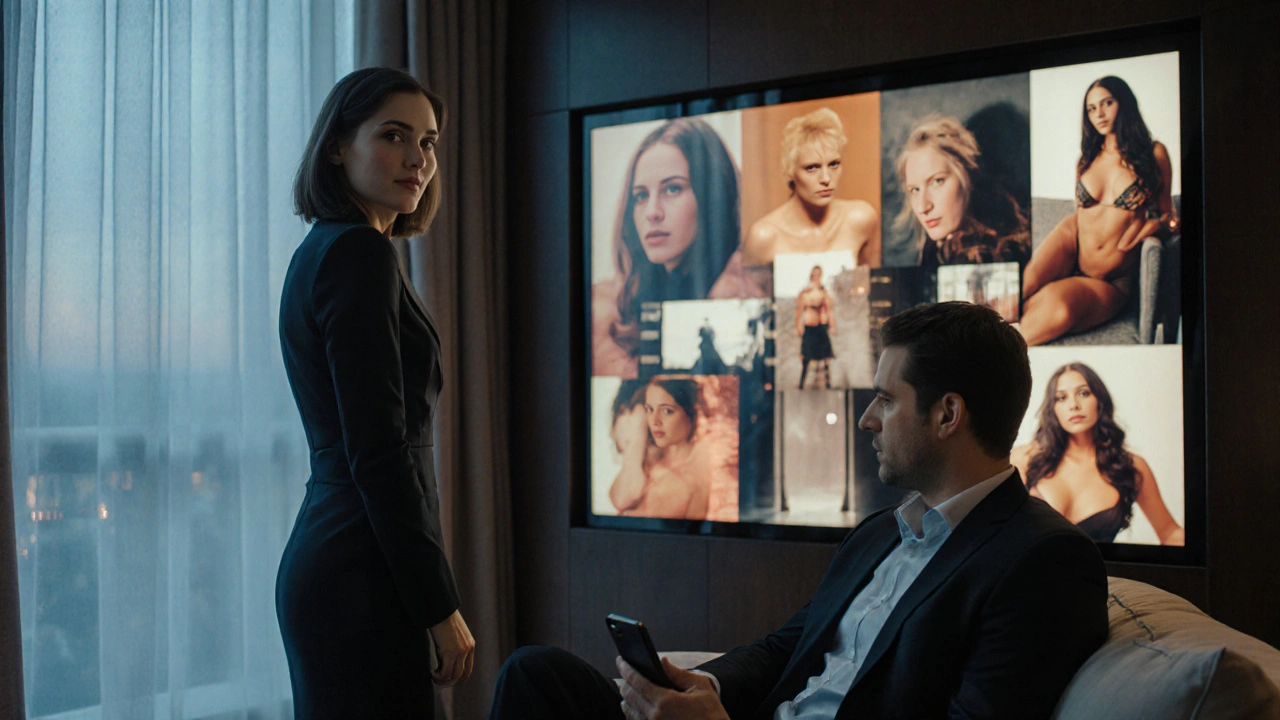 A well-dressed woman smiles at a nervous man in a luxury hotel suite, film stills fading in the background.