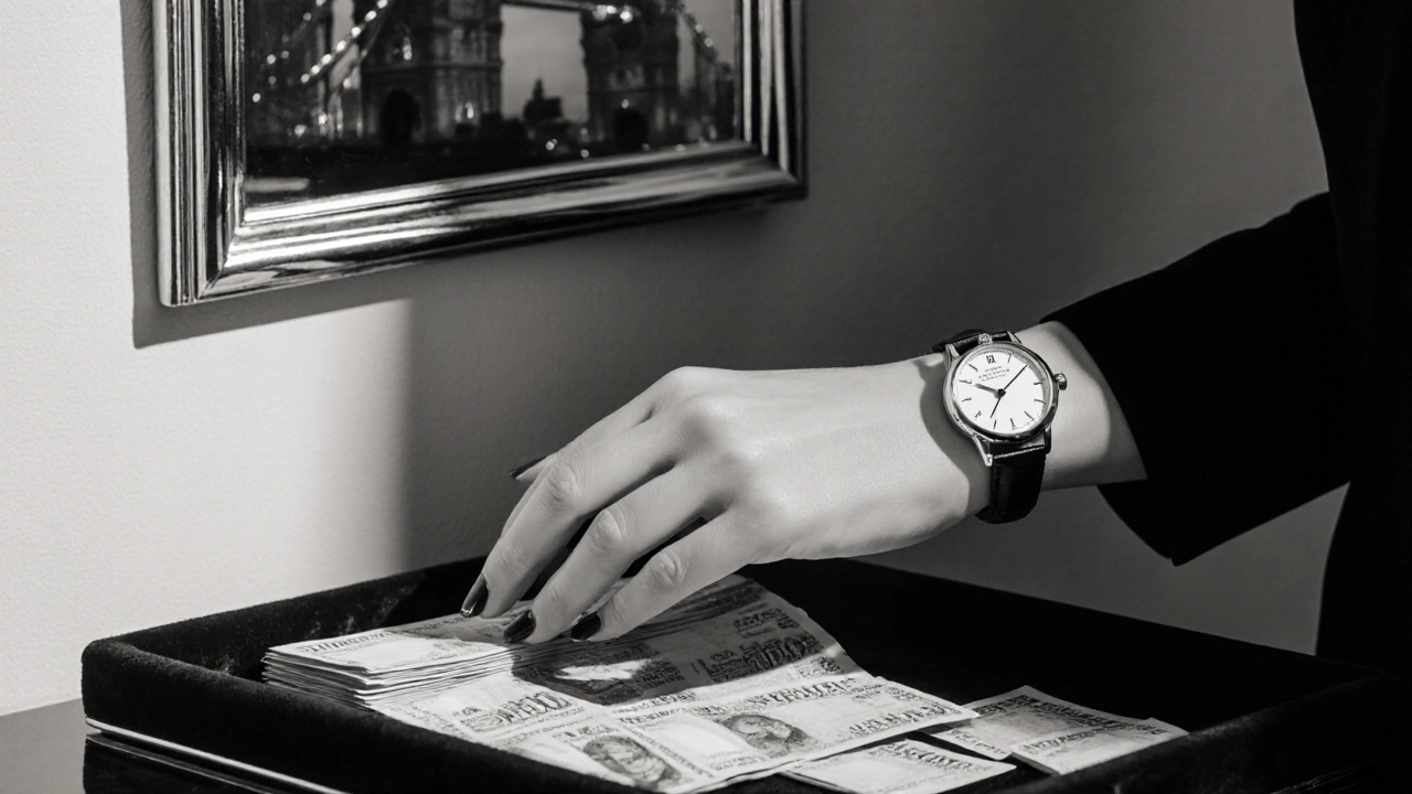 A woman&#039;s hand holding a wristwatch beside £100 bills on a velvet tray with a city skyline reflection.