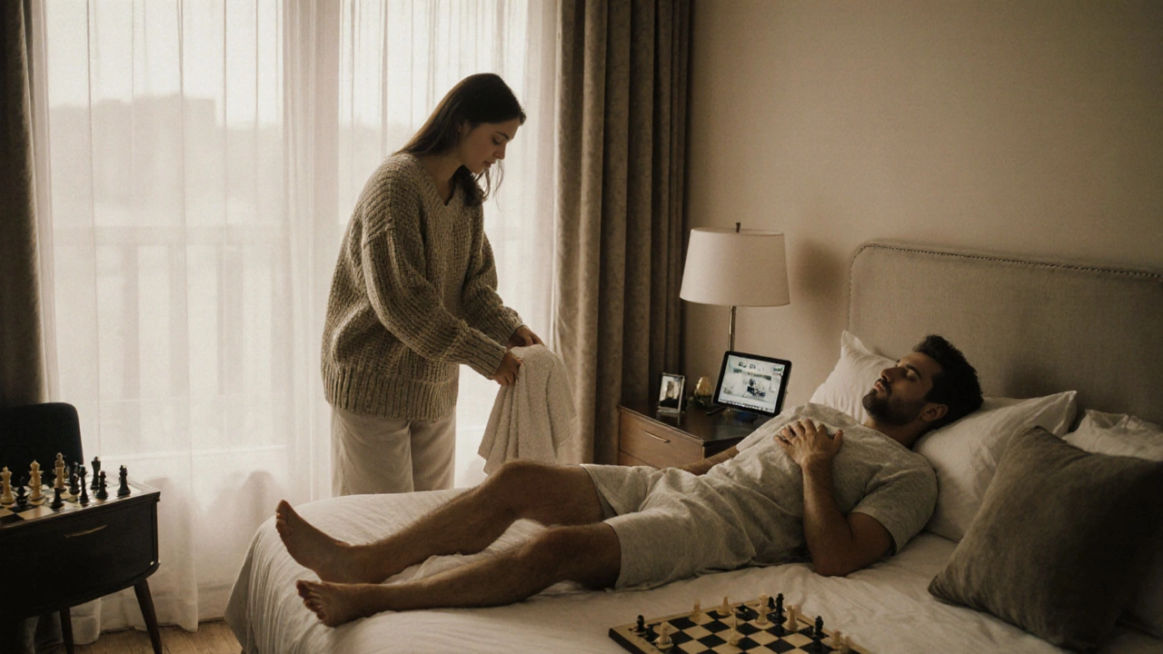 A woman folds a towel in a sunlit hotel room as a man rests peacefully, a chessboard beside them.