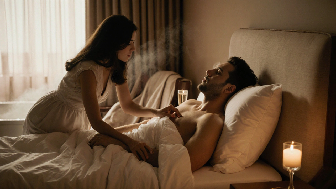 A woman gently touches a man’s arm in a luxury hotel suite, candlelight glowing on silk sheets and steam rising from a bath.