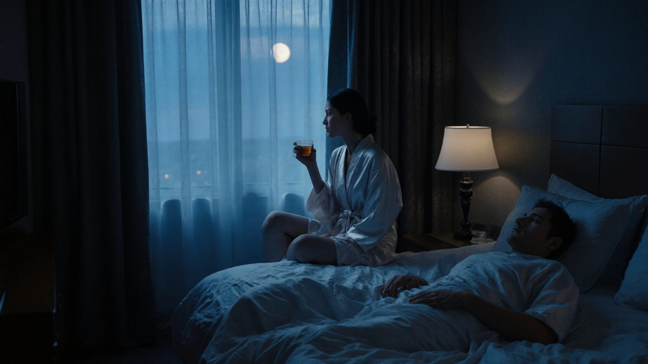 A woman in a silk robe sips tea beside a man resting on a bed, moonlight casting calm silence over the room.