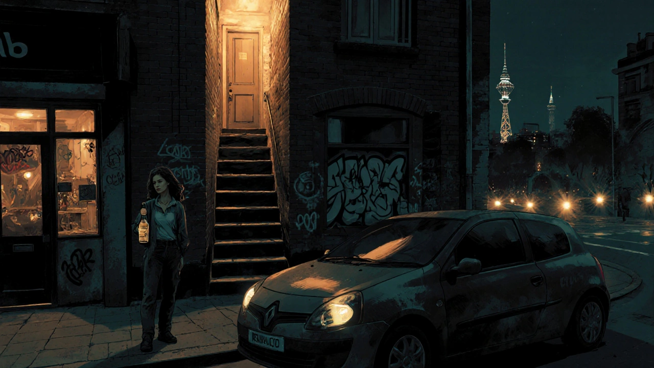A woman stands beside a Renault Clio outside a flat above a kebab shop in East London at night.