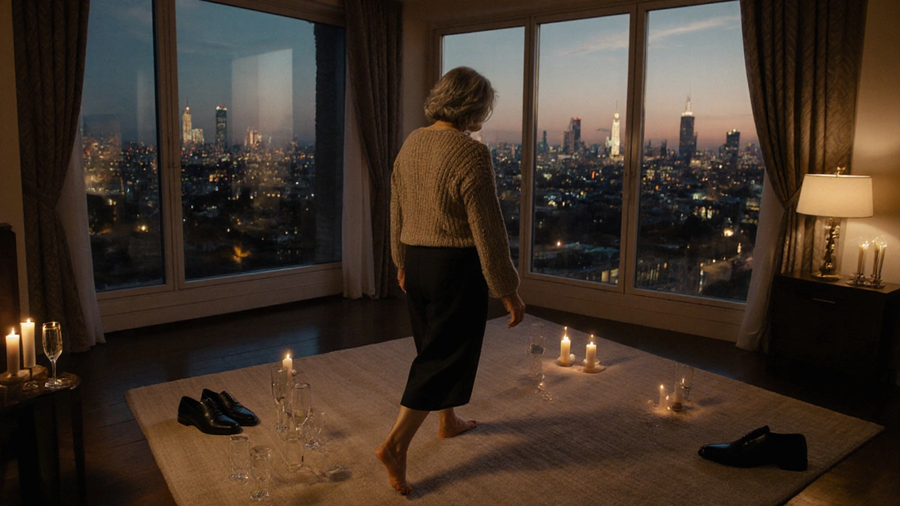 A woman walks barefoot through a luxurious penthouse at dusk, champagne flutes and candles nearby.