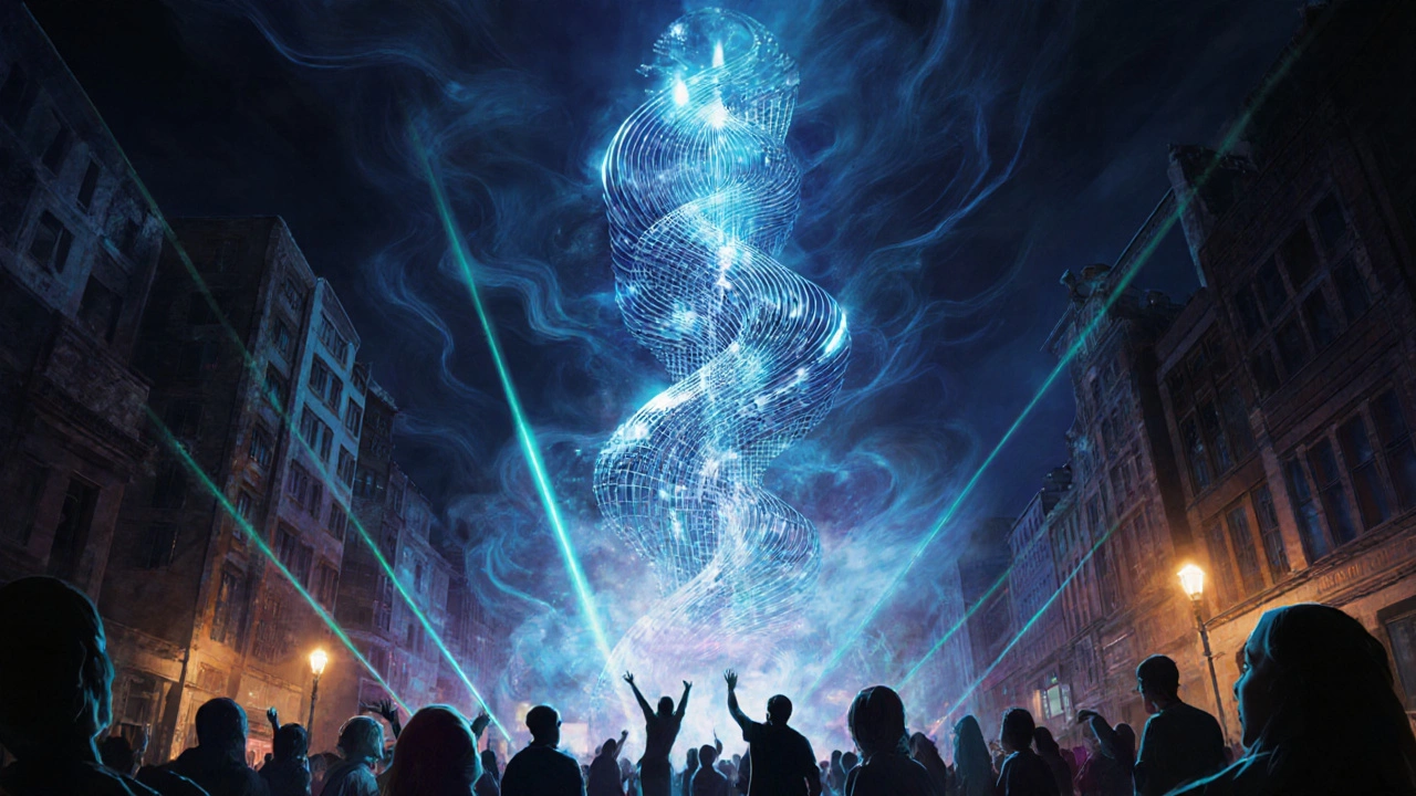 Abstract representation of Fabric as a sonic cathedral rising from beneath London, glowing with music and smoke.