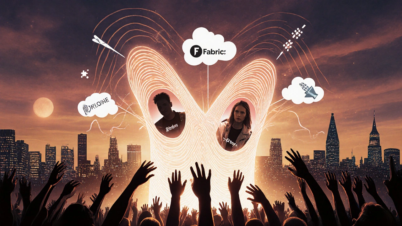 Abstract sound waveform rising from Fabric club, merging with silhouettes of DJs and electronic music symbols against London skyline.