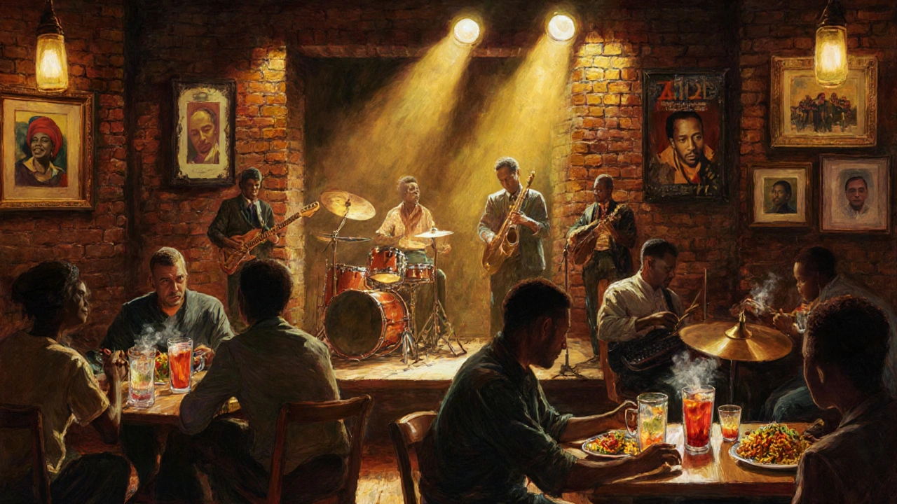 Afrobeat band performing at The Jazz Café with patrons enjoying food under warm lighting and vintage music photos.