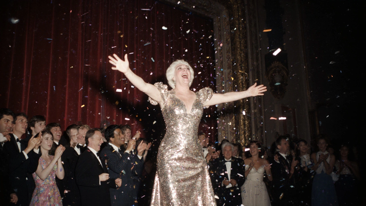 An elderly performer in sequins sings on stage during Heaven&#039;s Superstar drag show, audience cheering with emotion.