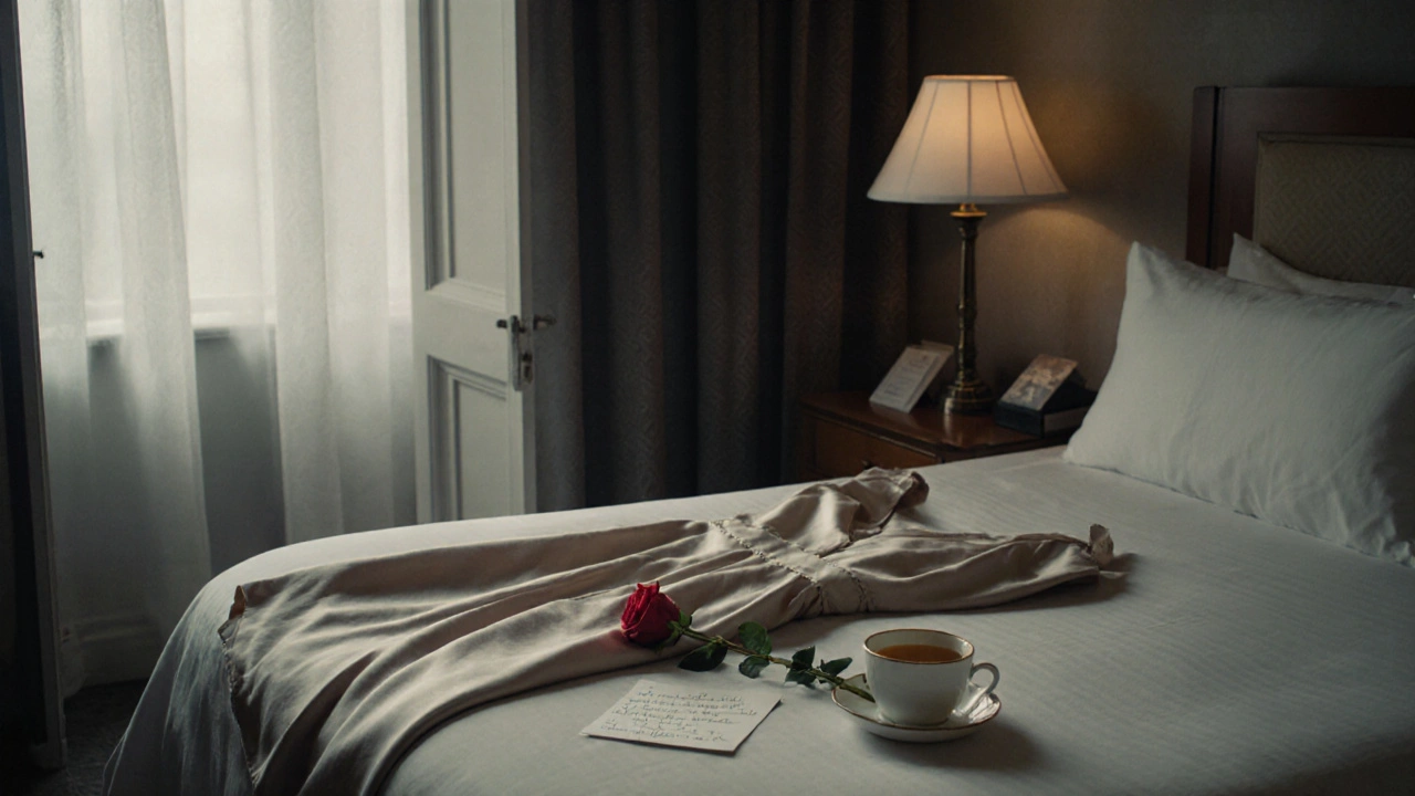 An empty hotel room at dawn with a folded dress, rose, and note, conveying quiet departure and emotional depth.