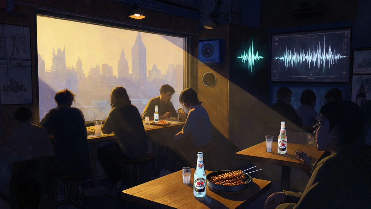 Bar Zing in Peckham, quiet Japanese izakaya with glowing drinks and city lights visible through the window.