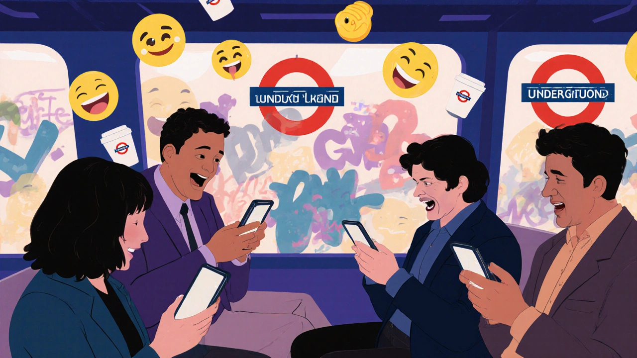 Commuters on a London Underground train laughing at comedy clips on their phones, with graffiti and emojis floating around them.