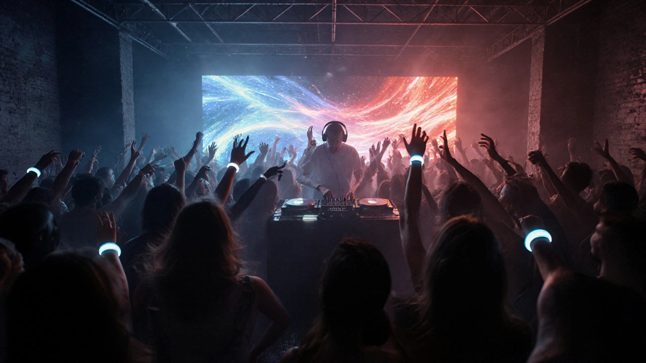 Crowd at a warehouse party with wristbands syncing heartbeats to projected AI light visuals.