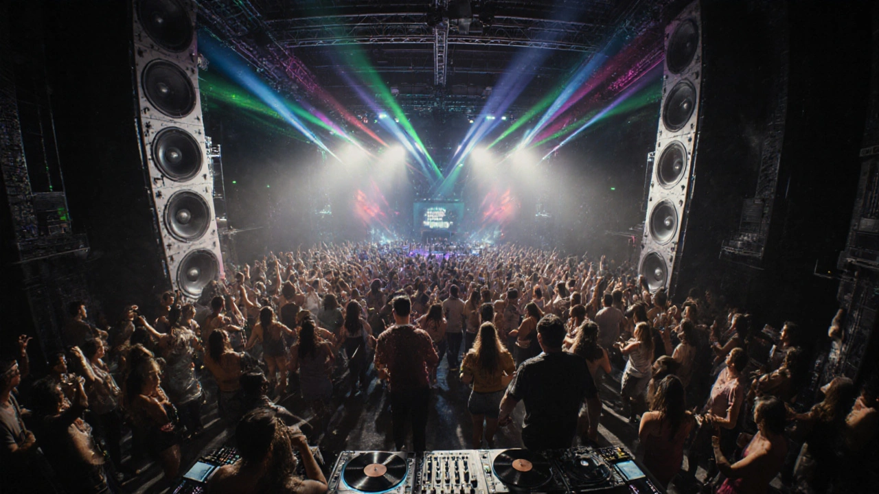 Crowd dancing on the main floor of Ministry of Sound with massive speakers and bass vibrations.