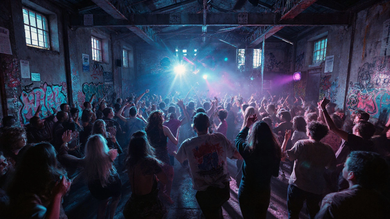 Crowd dancing wildly in a 1990s warehouse rave with neon lights and fog machines.