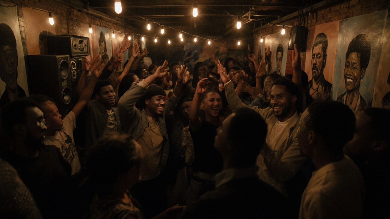 Diverse crowd grooving to Afrobeat in a cozy Brixton basement club under string lights.