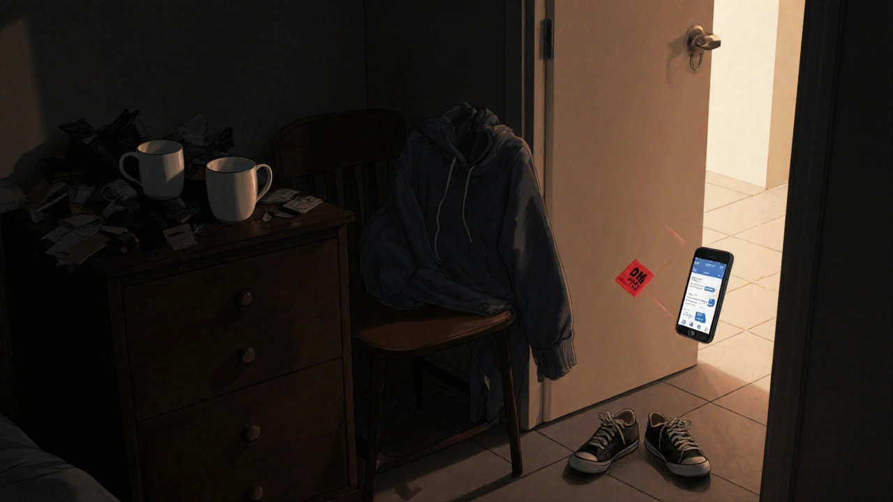 Empty mugs and a hoodie on a chair, cracked phone screen glowing, door slightly open, silent aftermath of connection.