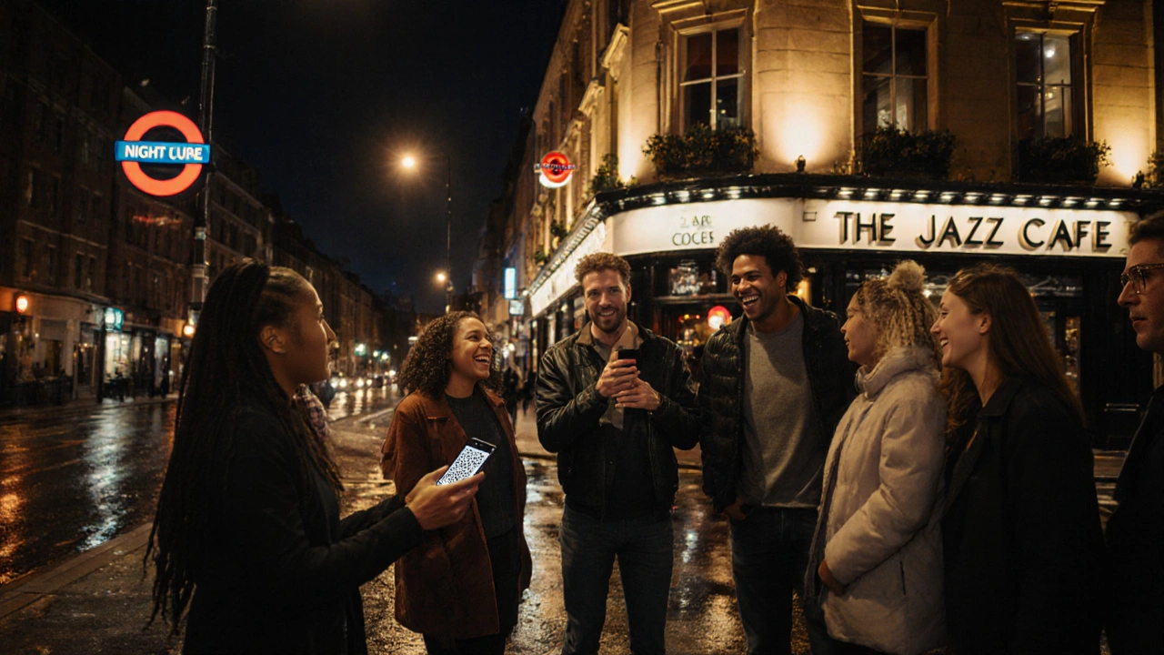 Friends laughing outside Jazz Cafe at night, QR code for safe transport visible, urban street lighting.