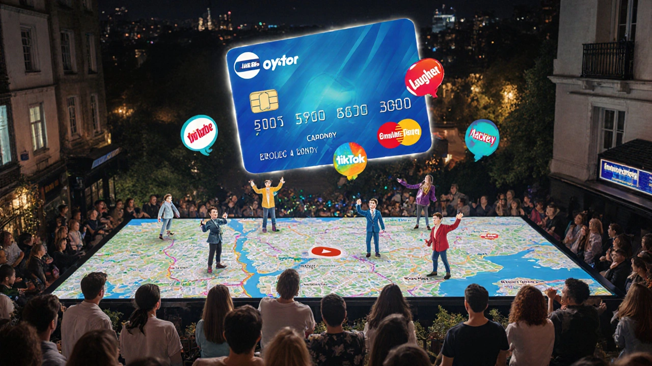 Glowing Oyster card above London map, comedians from each borough sending joke bubbles into digital screens above the city.