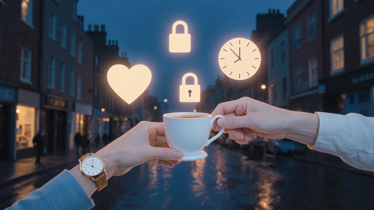 Glowing symbols of trust and time between two hands, blurred city lights in the background.