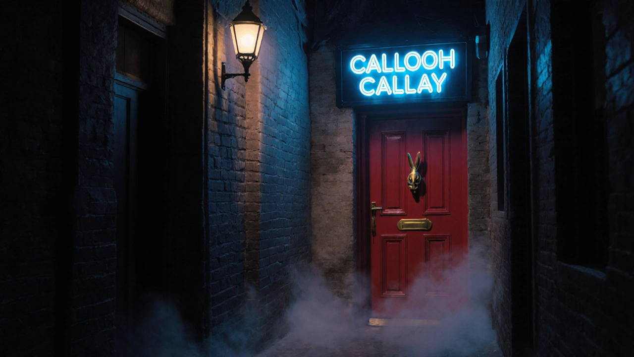 Hidden red door with a brass rabbit knocker in a dim Shoreditch alley, glowing faintly at twilight.