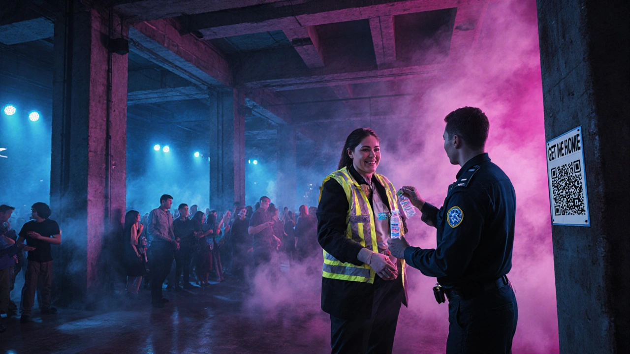 Industrial warehouse club with medical team offering water, vibrant lights and concrete architecture.