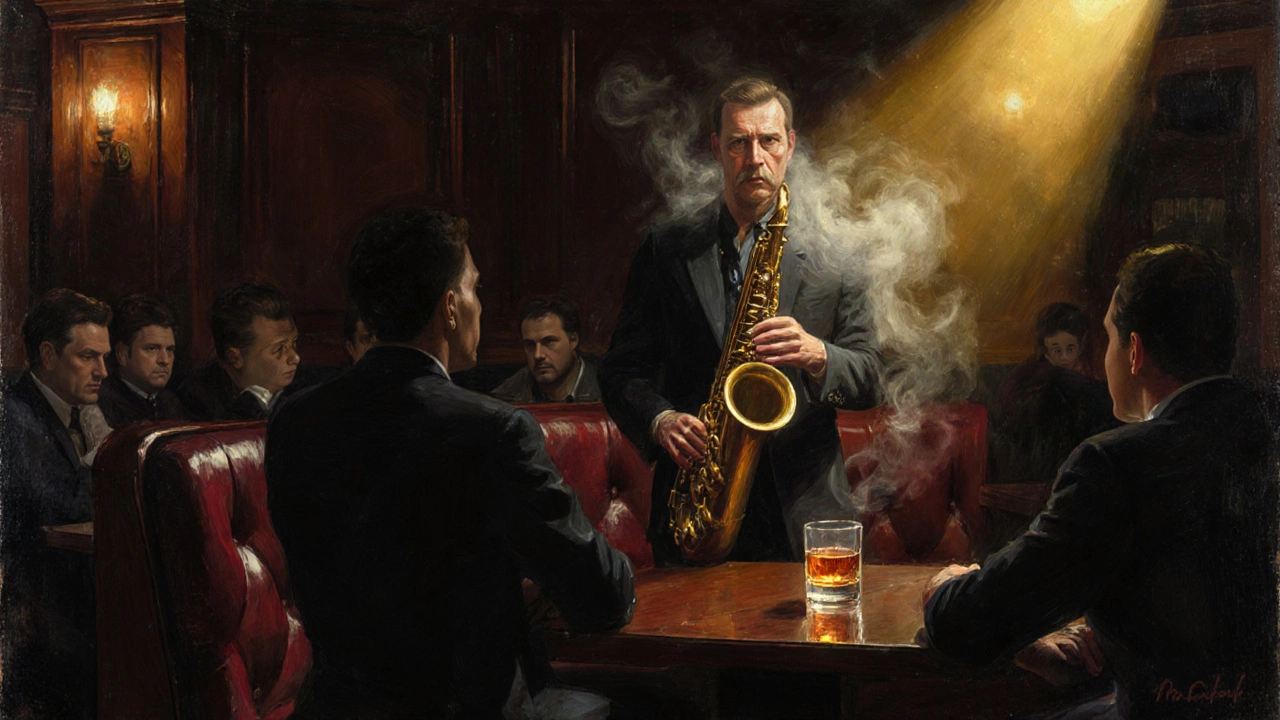 Jazz musician illuminated by a spotlight in a dim, intimate club, audience lost in shadowed silence.