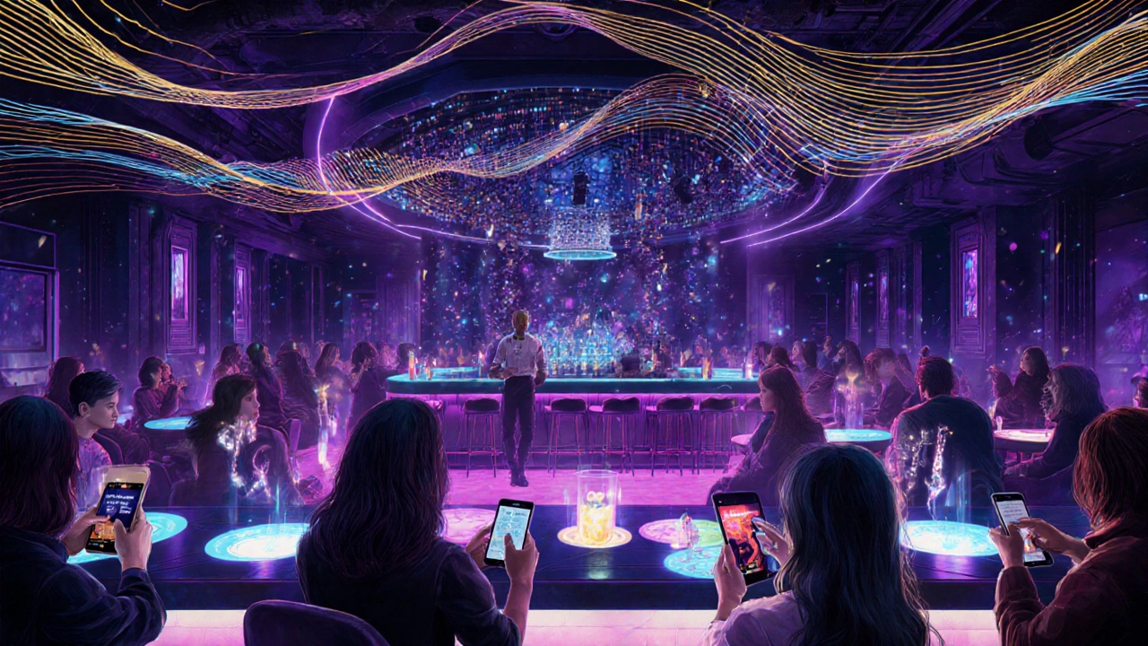 KOKO nightclub lit with personalized LED lights responding to phone taps and music rhythms.