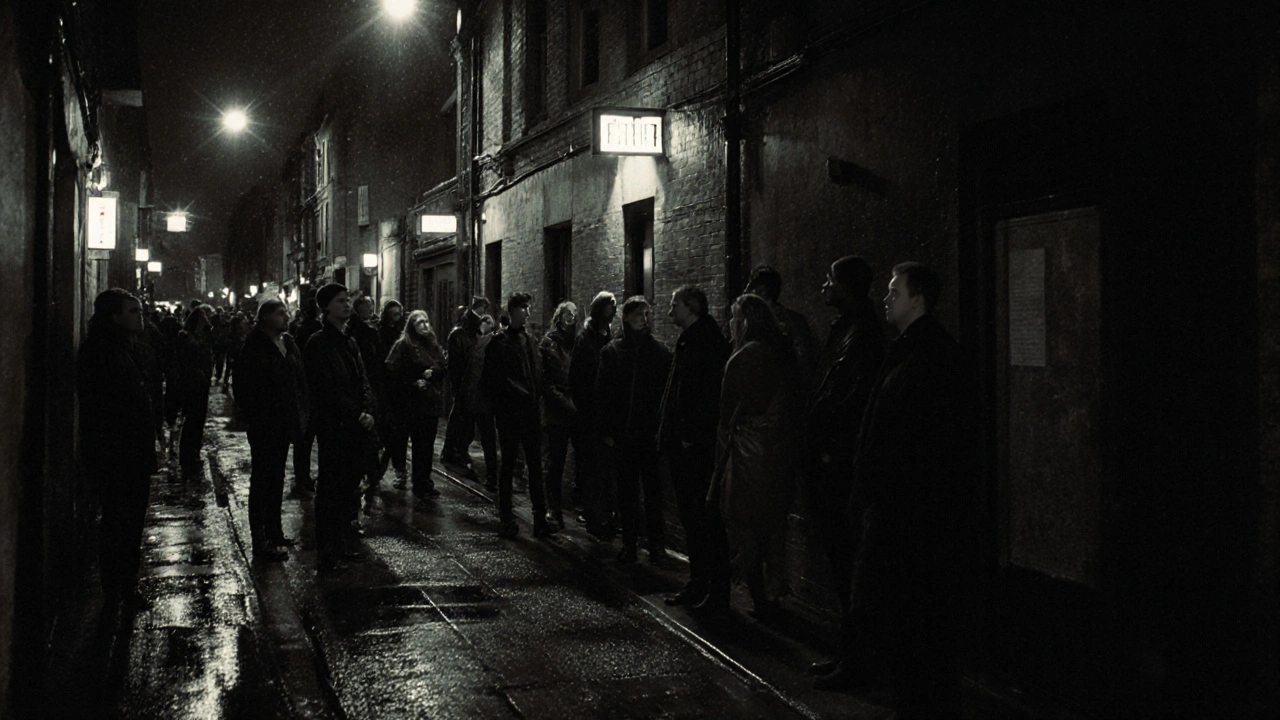 Line of people waiting quietly at Fabric's unmarked entrance on a rainy London night, no signs or neon lights.