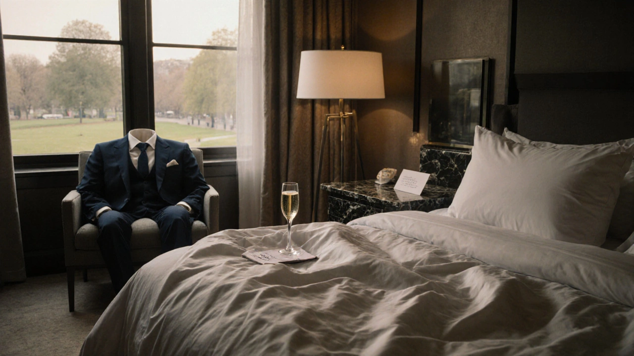 Luxury hotel suite at dawn with champagne flute, handwritten note, and rumpled silk bedding.