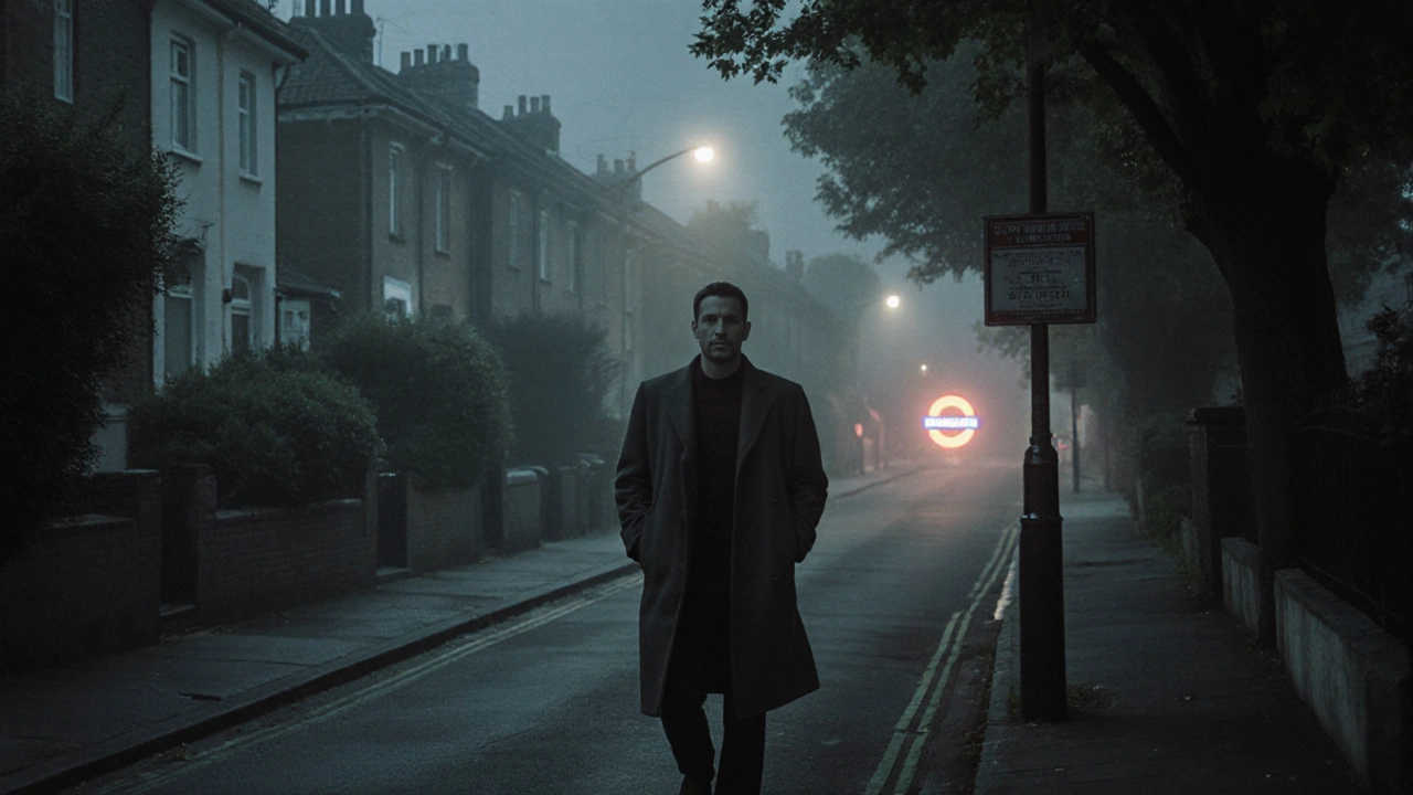 Man walking calmly down a quiet Harrow street at night, distant tube station glow, peaceful and reflective mood.