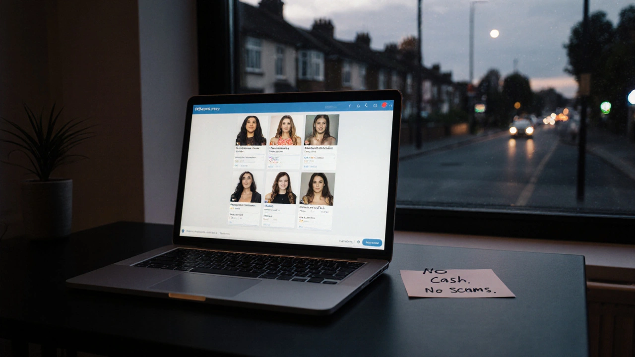 Modern escort agency office with secure messaging portal and verified profiles on laptop, quiet Harrow street visible outside.