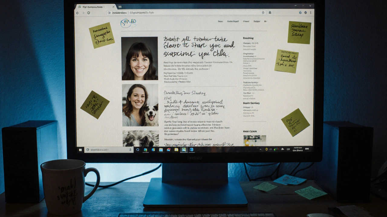 Old-fashioned website on a computer screen with real photos of women beside everyday items like coffee cups and pets, no flashy design.