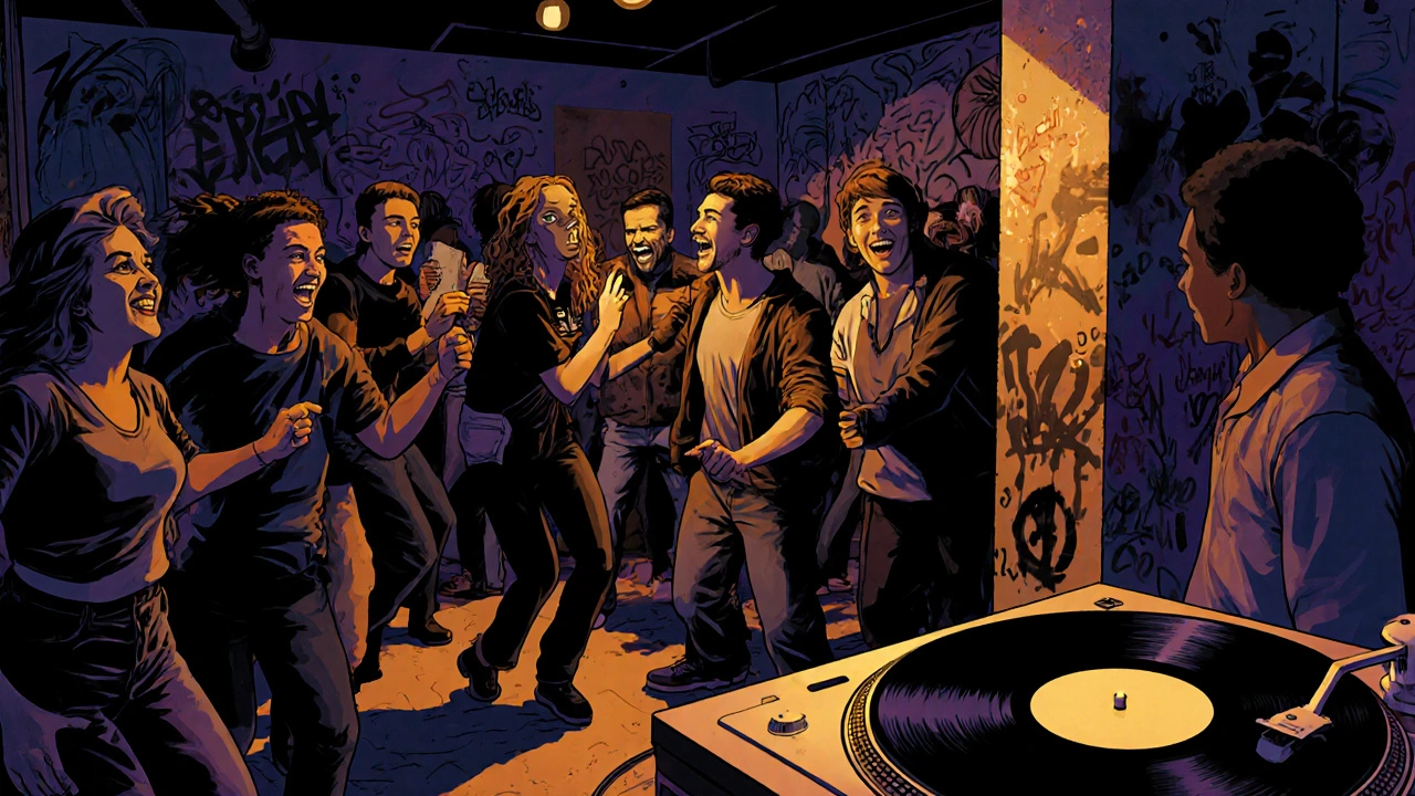 People dancing in a basement party with no phones, vinyl records spinning, and warm dim lighting creating an intimate vibe.