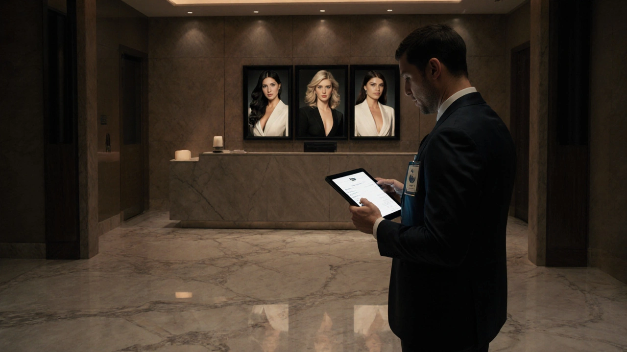 Professional escort portraits displayed in a sleek Mayfair agency reception, a man pauses at the threshold with a booking confirmation.